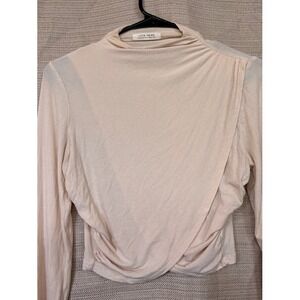 12th Tribe Cream Ribbed Womens Crossover Long Sleeve Twisted Hem Crop Top Small